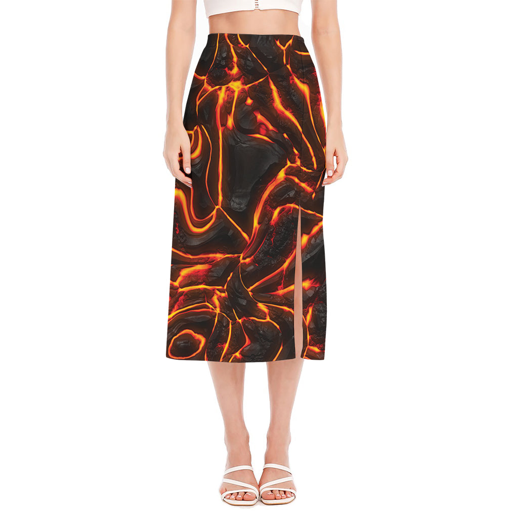 Lava Print Side Slit Midi Skirt