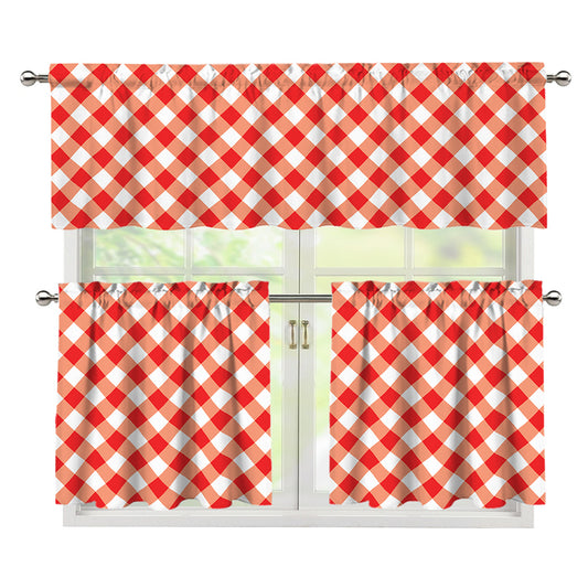 Lava Red And White Gingham Print 3 Piece Kitchen Curtains