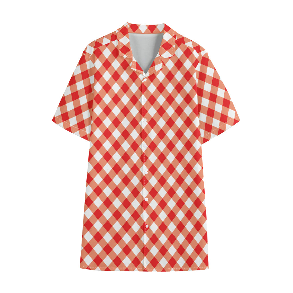 Lava Red And White Gingham Print Cotton Hawaiian Shirt