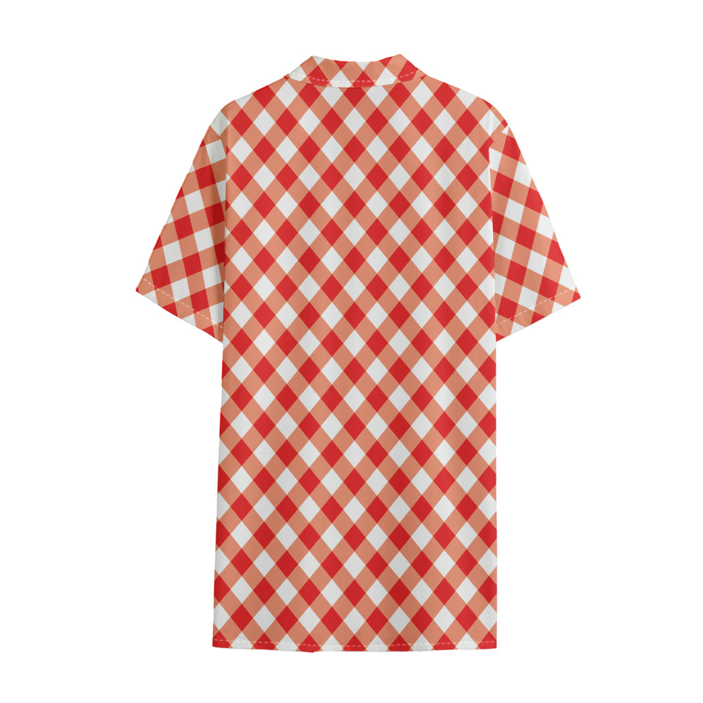 Lava Red And White Gingham Print Cotton Hawaiian Shirt