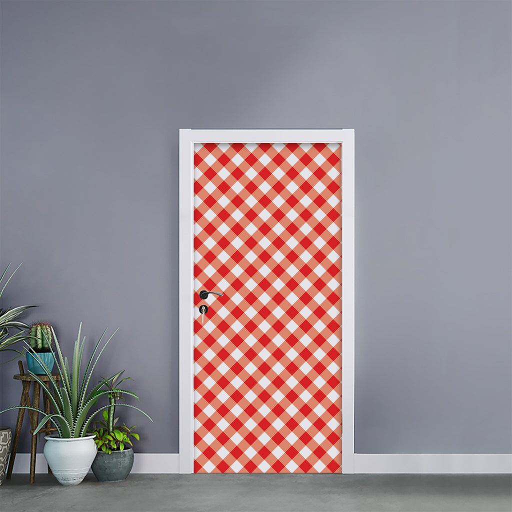 Lava Red And White Gingham Print Door Sticker