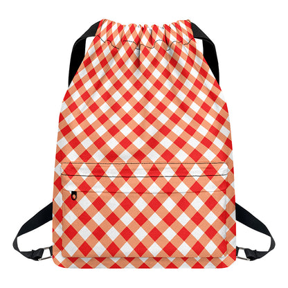 Lava Red And White Gingham Print Drawstring Backpack