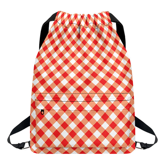 Lava Red And White Gingham Print Drawstring Backpack