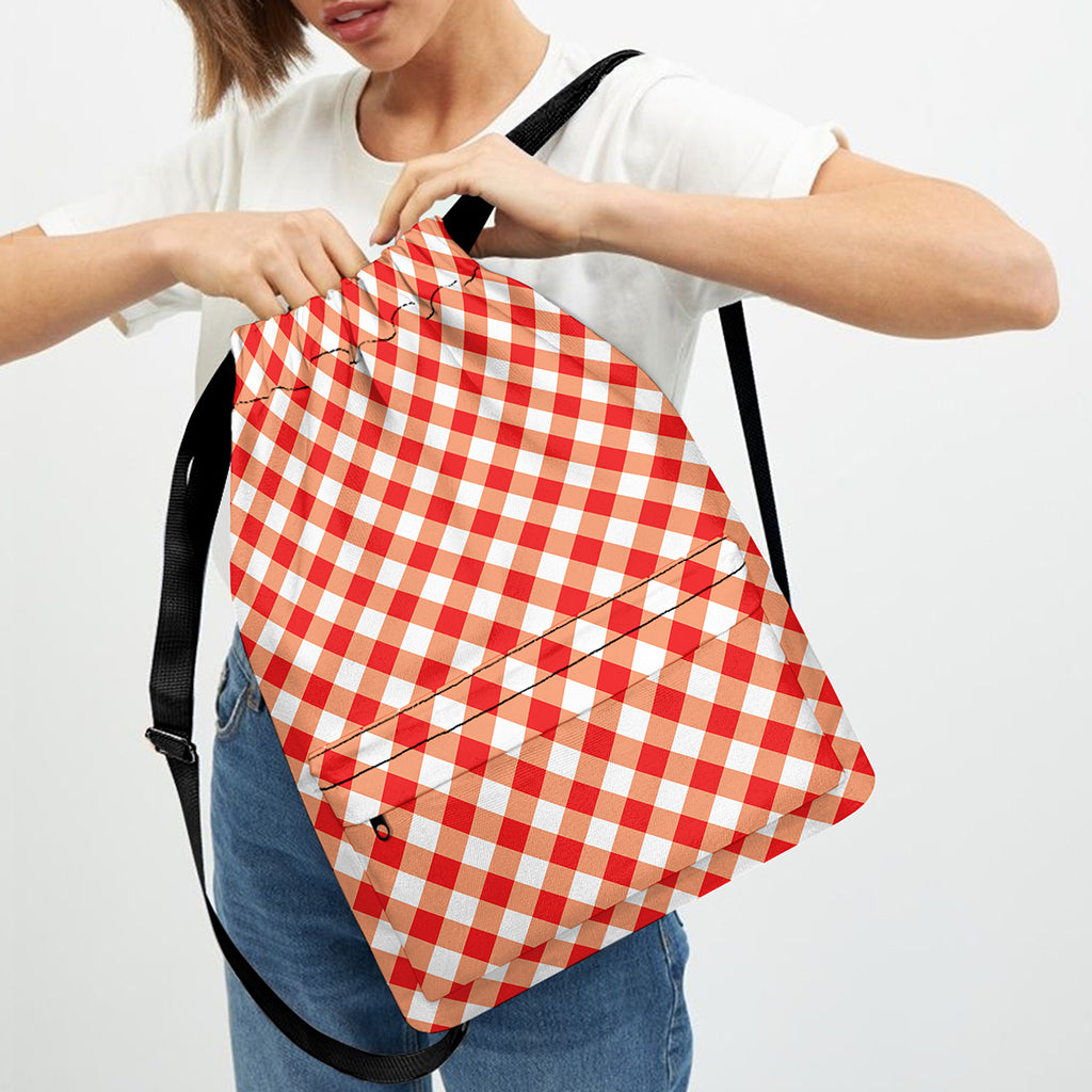 Lava Red And White Gingham Print Drawstring Backpack