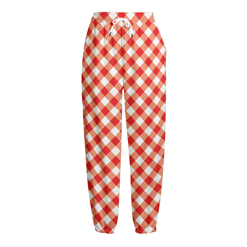 Lava Red And White Gingham Print Fleece Lined Knit Pants