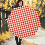 Lava Red And White Gingham Print Foldable Umbrella