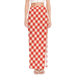 Lava Red And White Gingham Print High Slit Maxi Skirt