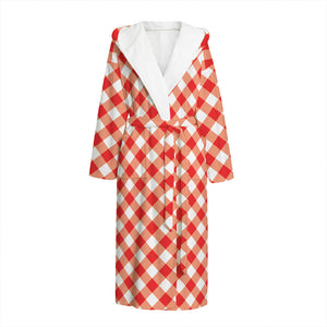 Lava Red And White Gingham Print Hooded Bathrobe