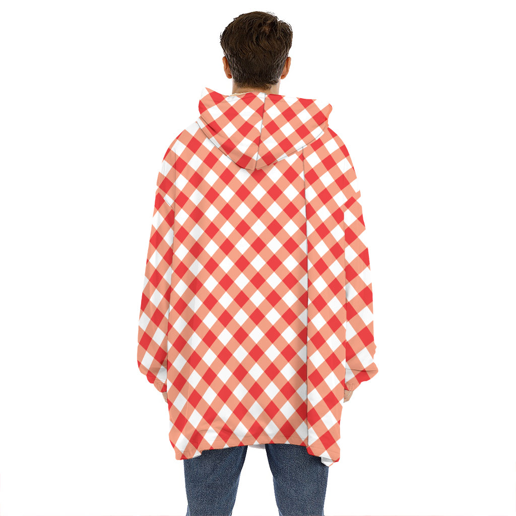 Lava Red And White Gingham Print Hoodie Blanket