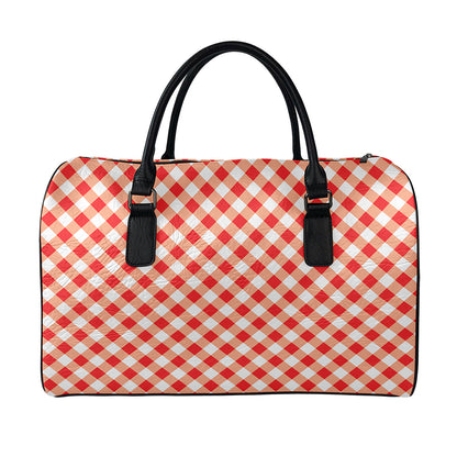 Lava Red And White Gingham Print Leather Duffle Bag