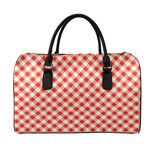 Lava Red And White Gingham Print Leather Duffle Bag