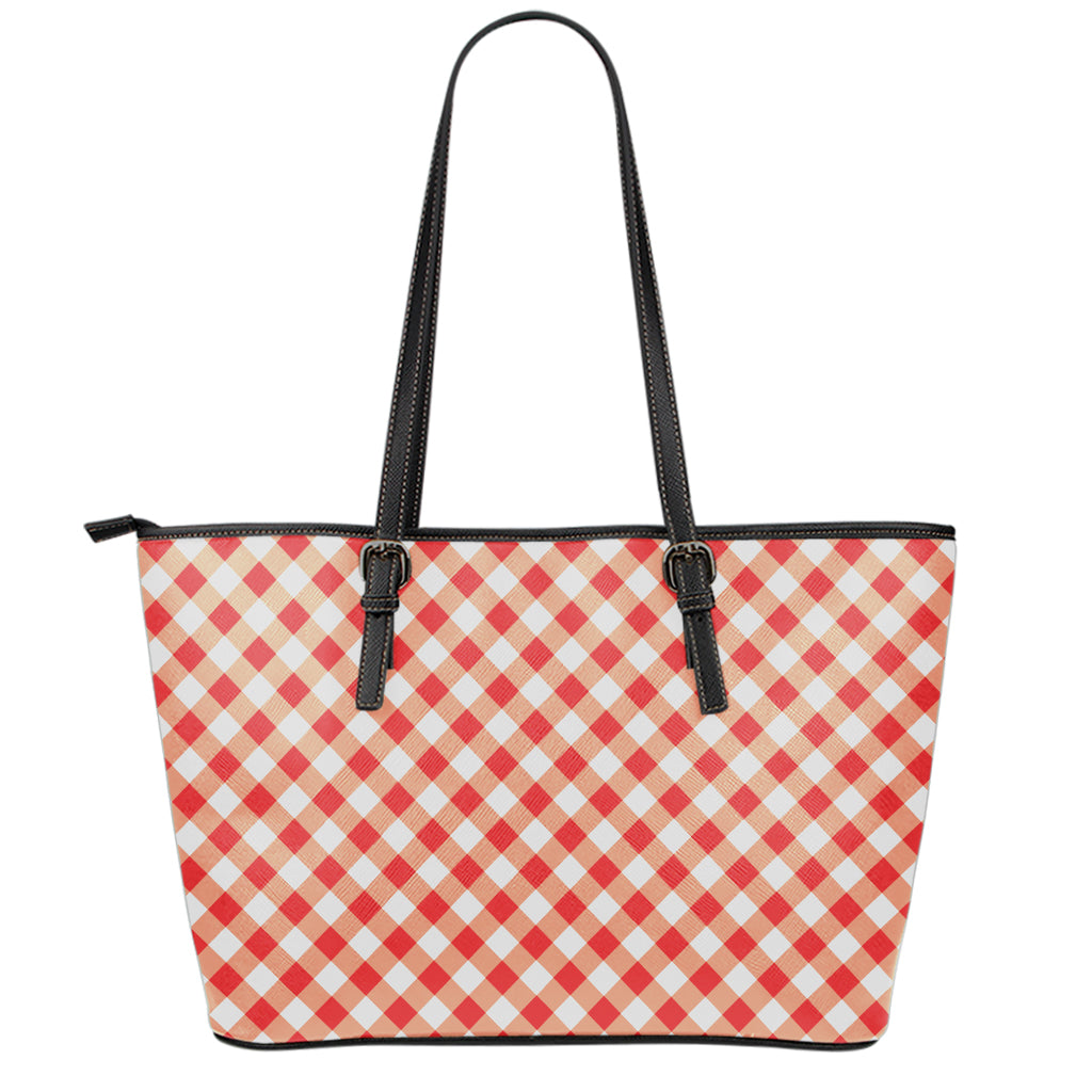 Lava Red And White Gingham Print Leather Tote Bag