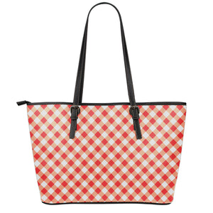 Lava Red And White Gingham Print Leather Tote Bag