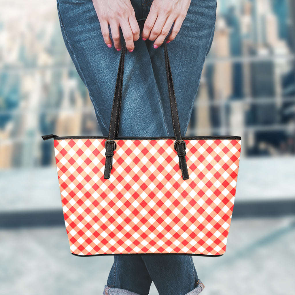 Lava Red And White Gingham Print Leather Tote Bag