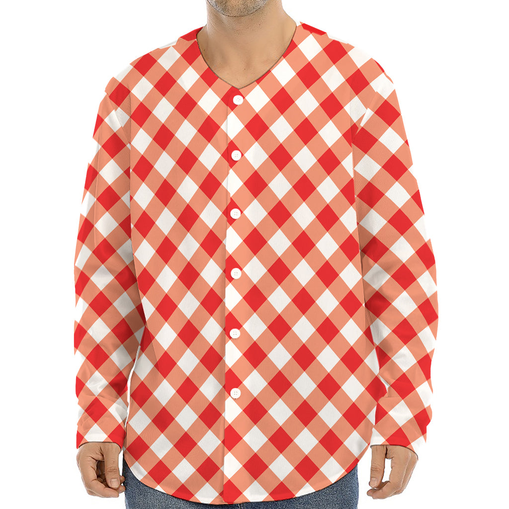 Lava Red And White Gingham Print Long Sleeve Baseball Jersey