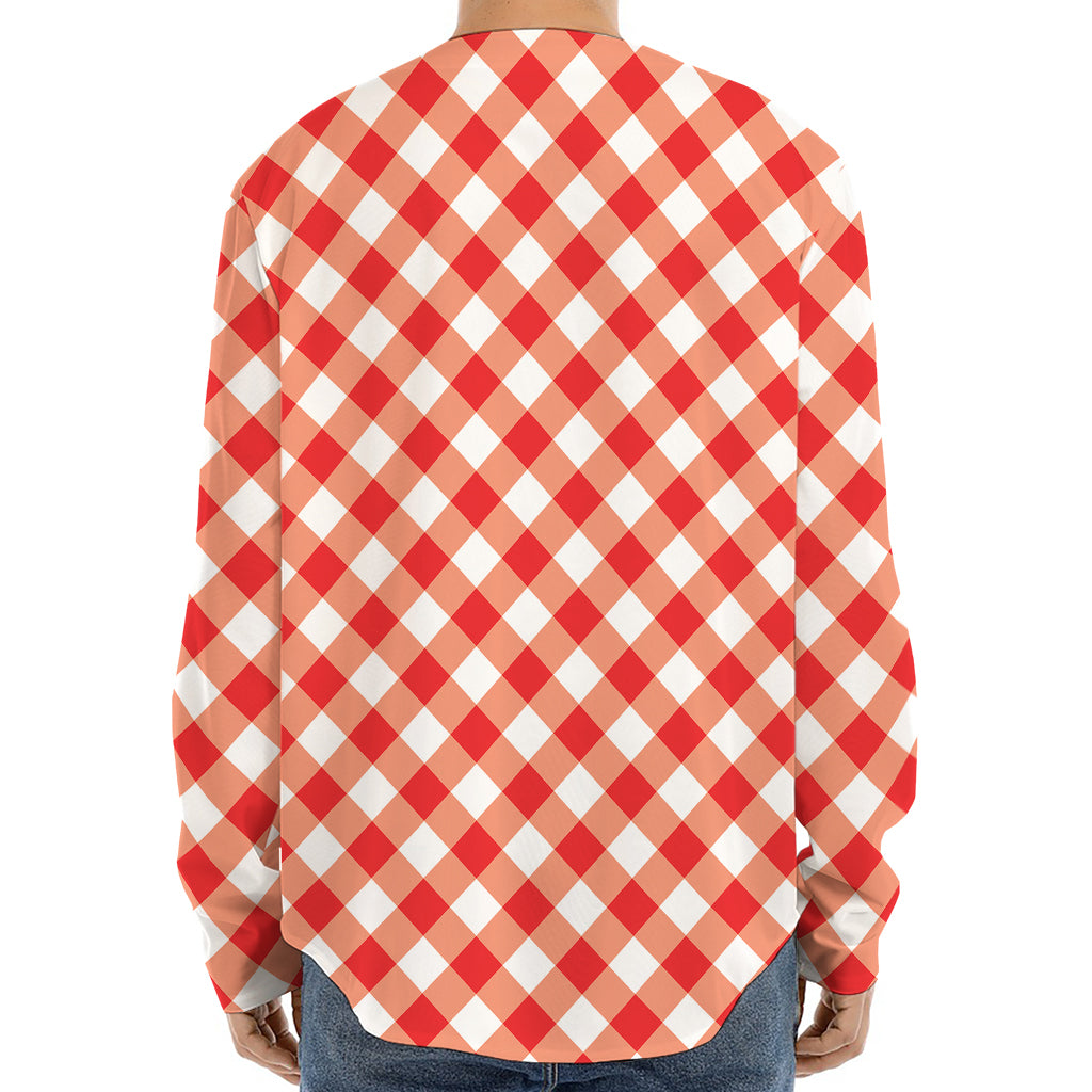 Lava Red And White Gingham Print Long Sleeve Baseball Jersey