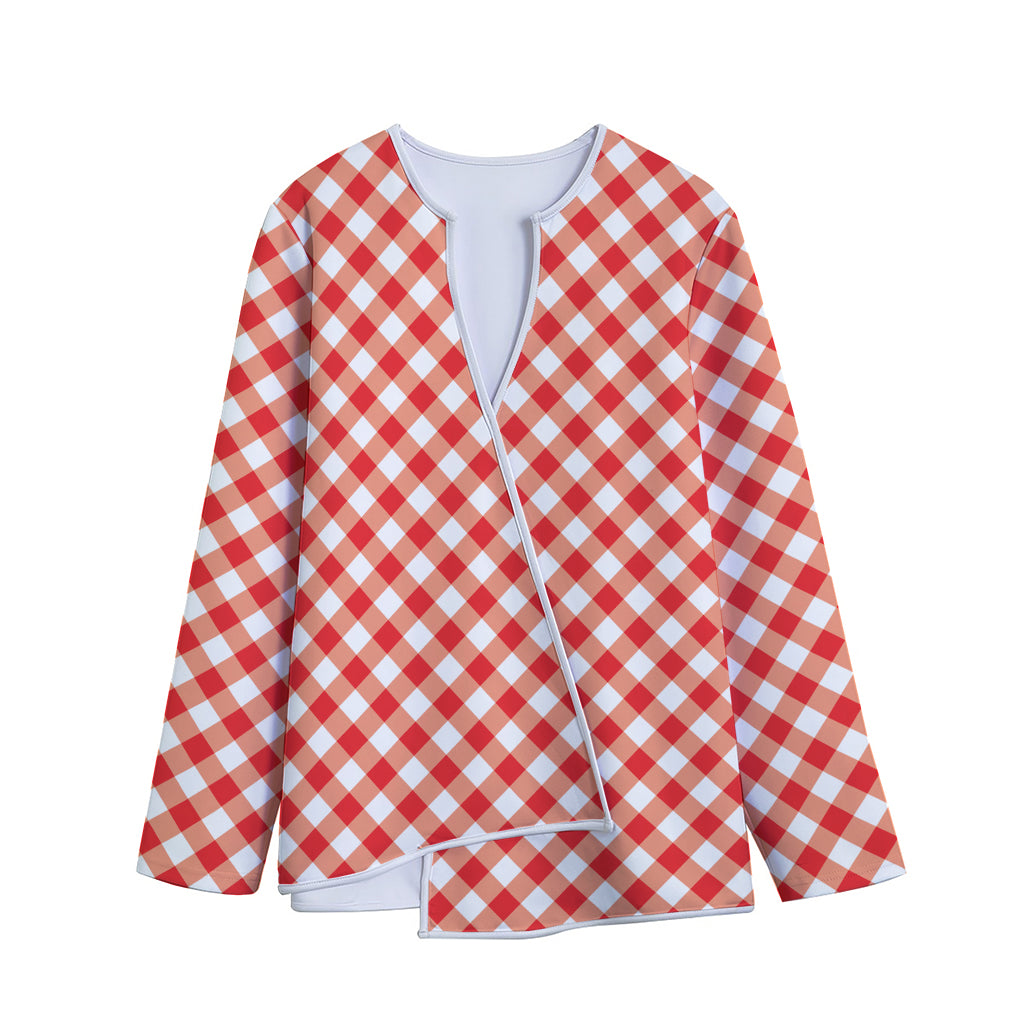 Lava Red And White Gingham Print Long Sleeve Short Coat