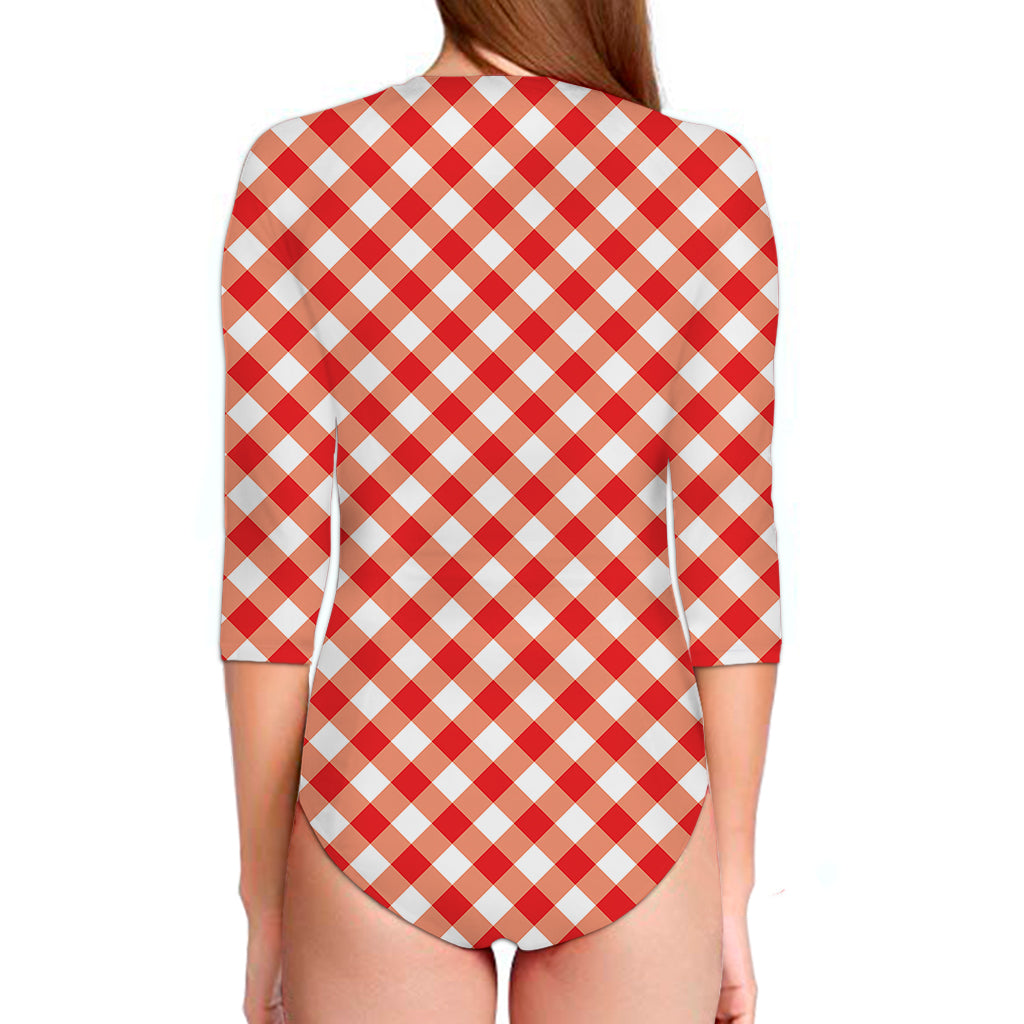 Lava Red And White Gingham Print Long Sleeve Swimsuit