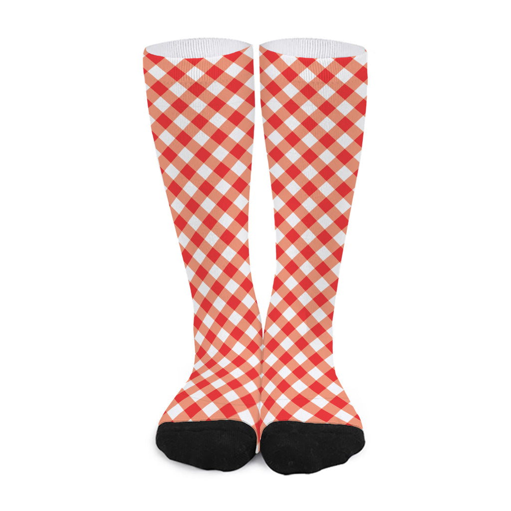 Lava Red And White Gingham Print Long Socks