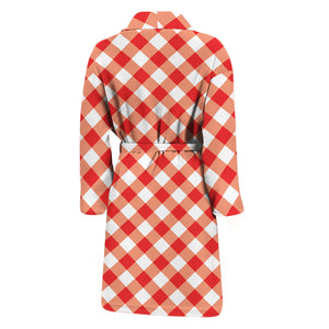 Lava Red And White Gingham Print Men's Bathrobe