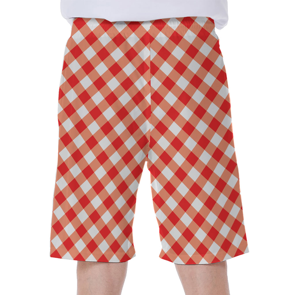 Lava Red And White Gingham Print Men's Beach Shorts