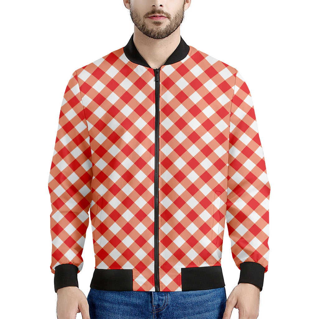 Lava Red And White Gingham Print Men's Bomber Jacket