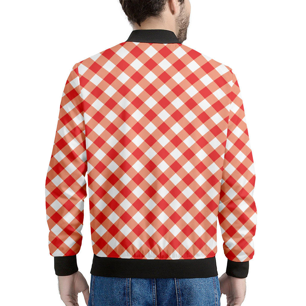 Lava Red And White Gingham Print Men's Bomber Jacket