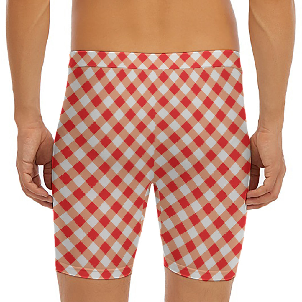 Lava Red And White Gingham Print Men's Long Boxer Briefs