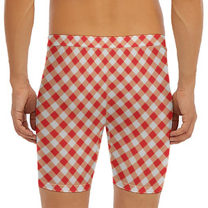 Lava Red And White Gingham Print Men's Long Boxer Briefs