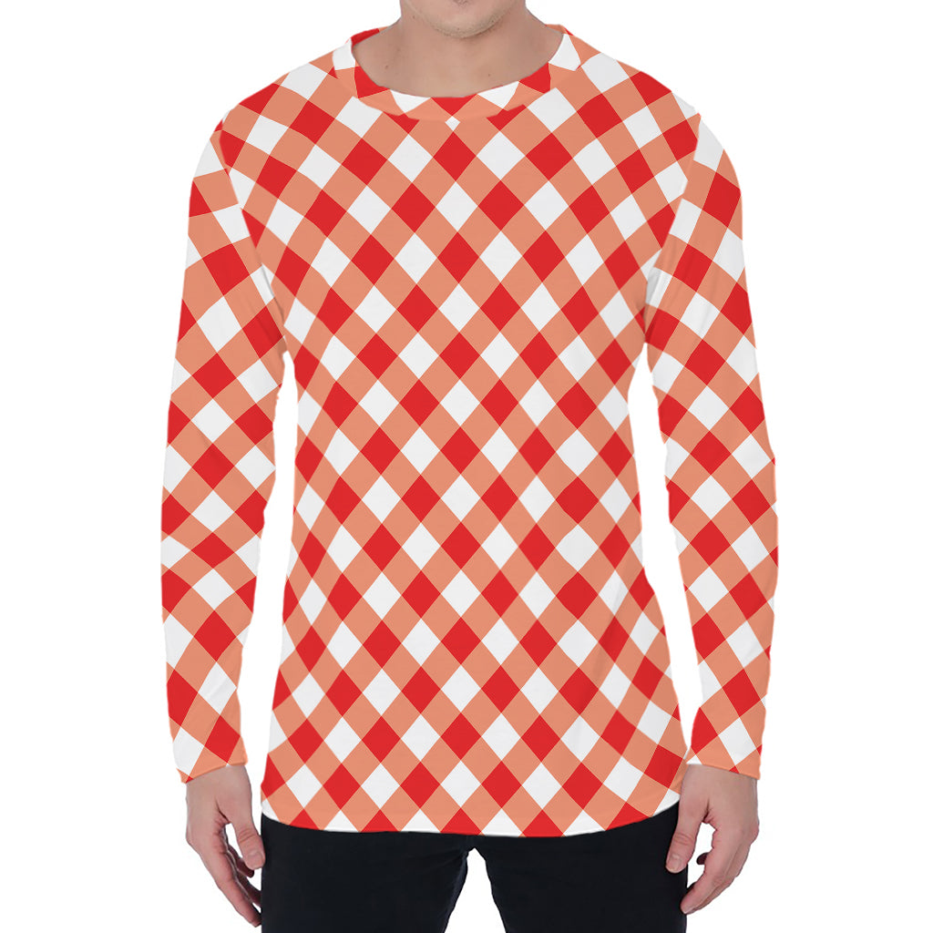 Lava Red And White Gingham Print Men's Long Sleeve T-Shirt