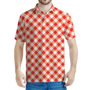 Lava Red And White Gingham Print Men's Polo Shirt