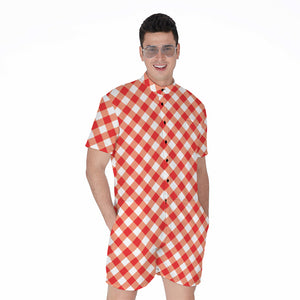 Lava Red And White Gingham Print Men's Rompers