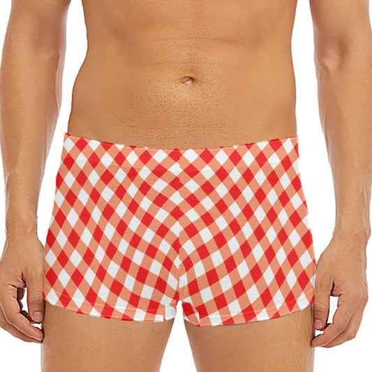 Lava Red And White Gingham Print Men's Short Boxer Briefs