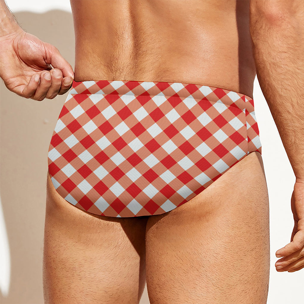 Lava Red And White Gingham Print Men's Swim Briefs