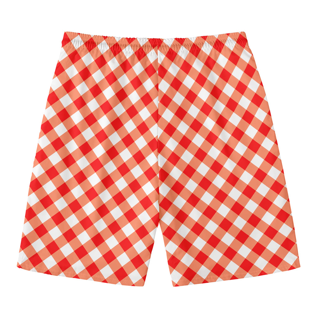 Lava Red And White Gingham Print Men's Swim Trunks