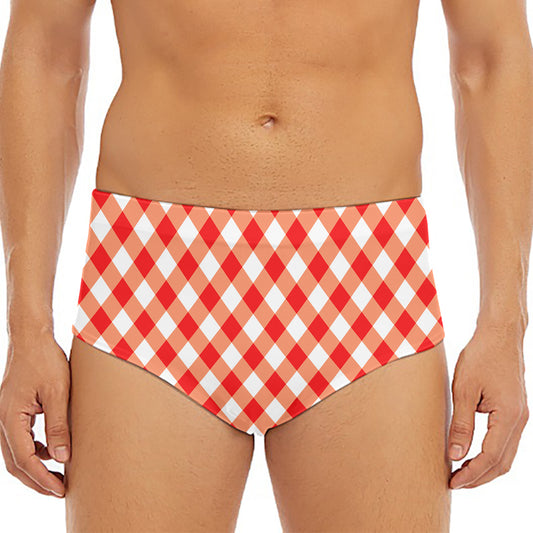 Lava Red And White Gingham Print Men's Triangle Swim Briefs