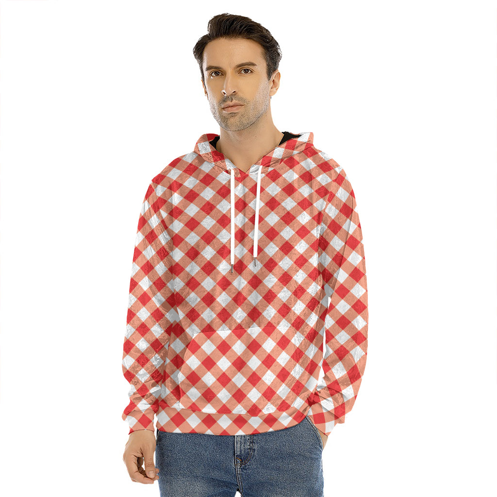 Lava Red And White Gingham Print Men's Velvet Pullover Hoodie