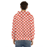 Lava Red And White Gingham Print Men's Velvet Pullover Hoodie