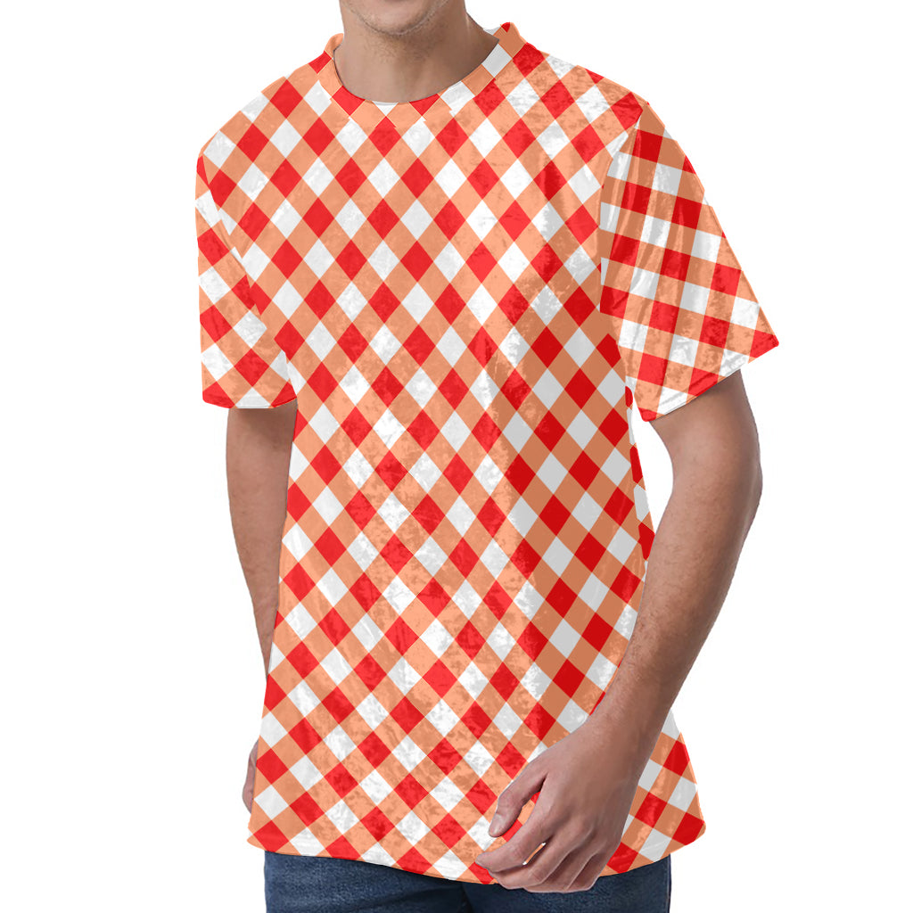 Lava Red And White Gingham Print Men's Velvet T-Shirt