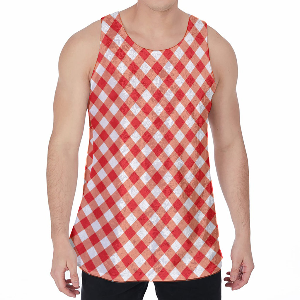 Lava Red And White Gingham Print Men's Velvet Tank Top