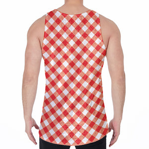 Lava Red And White Gingham Print Men's Velvet Tank Top