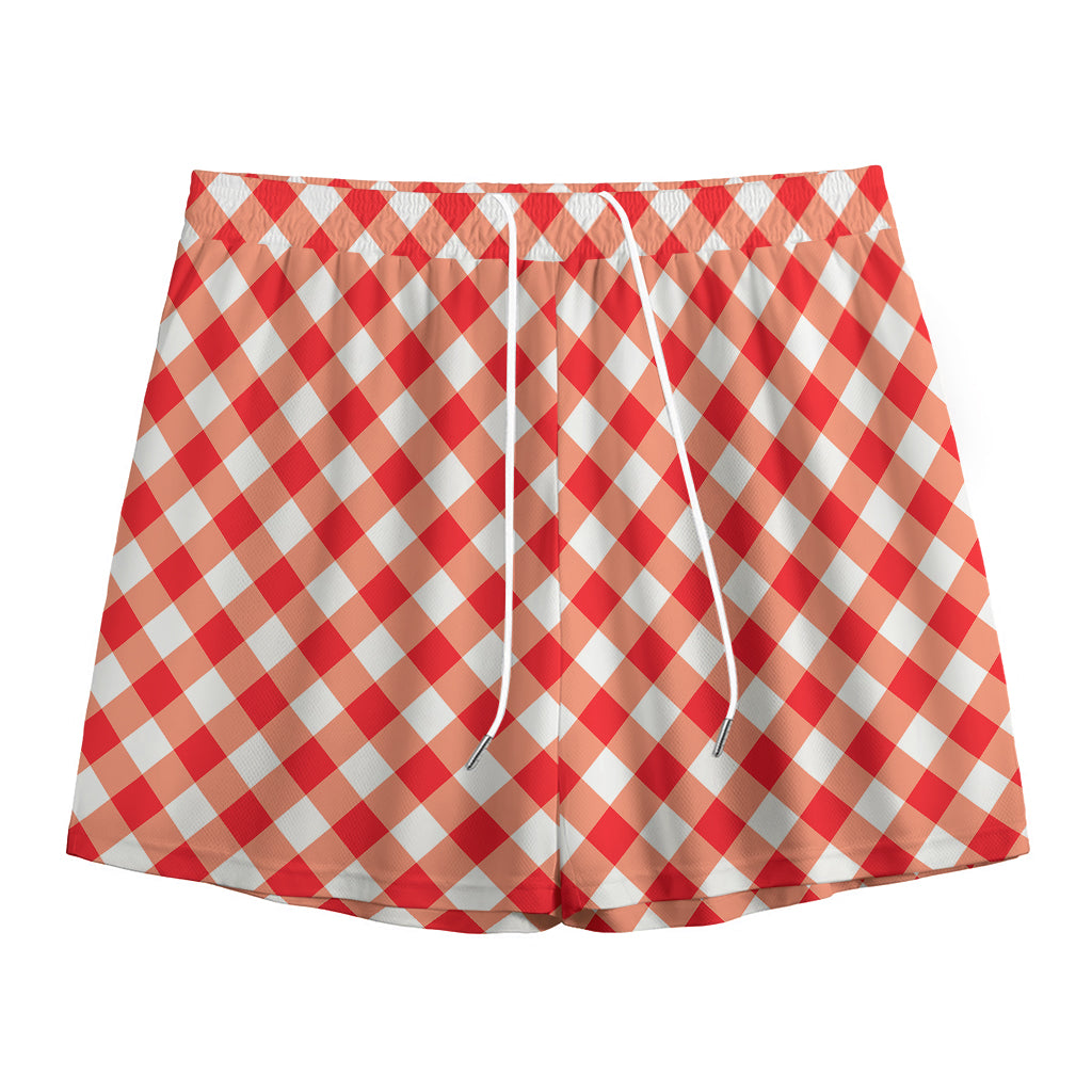 Lava Red And White Gingham Print Mesh Shorts