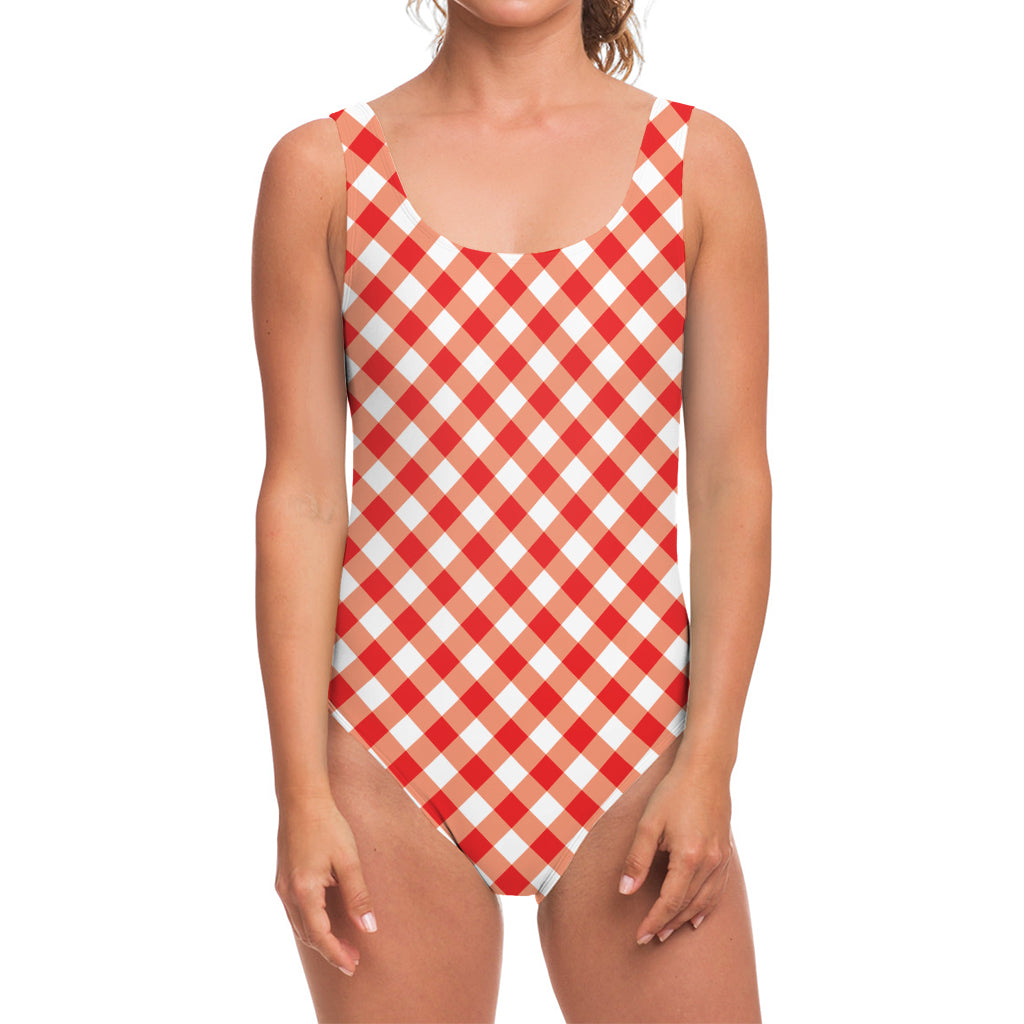 Lava Red And White Gingham Print One Piece Swimsuit