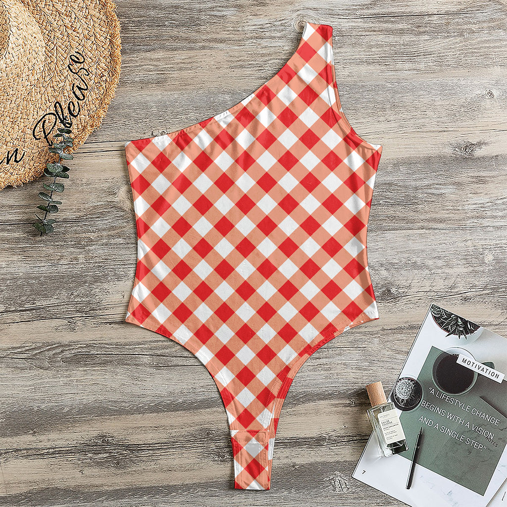 Lava Red And White Gingham Print One Shoulder Bodysuit