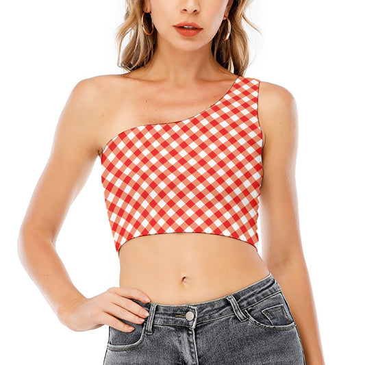 Lava Red And White Gingham Print One Shoulder Crop Top