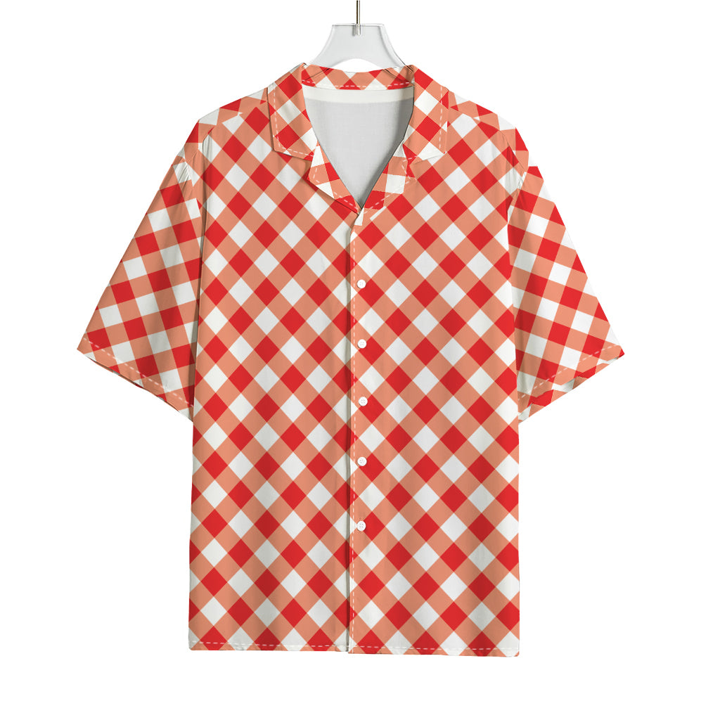 Lava Red And White Gingham Print Rayon Hawaiian Shirt