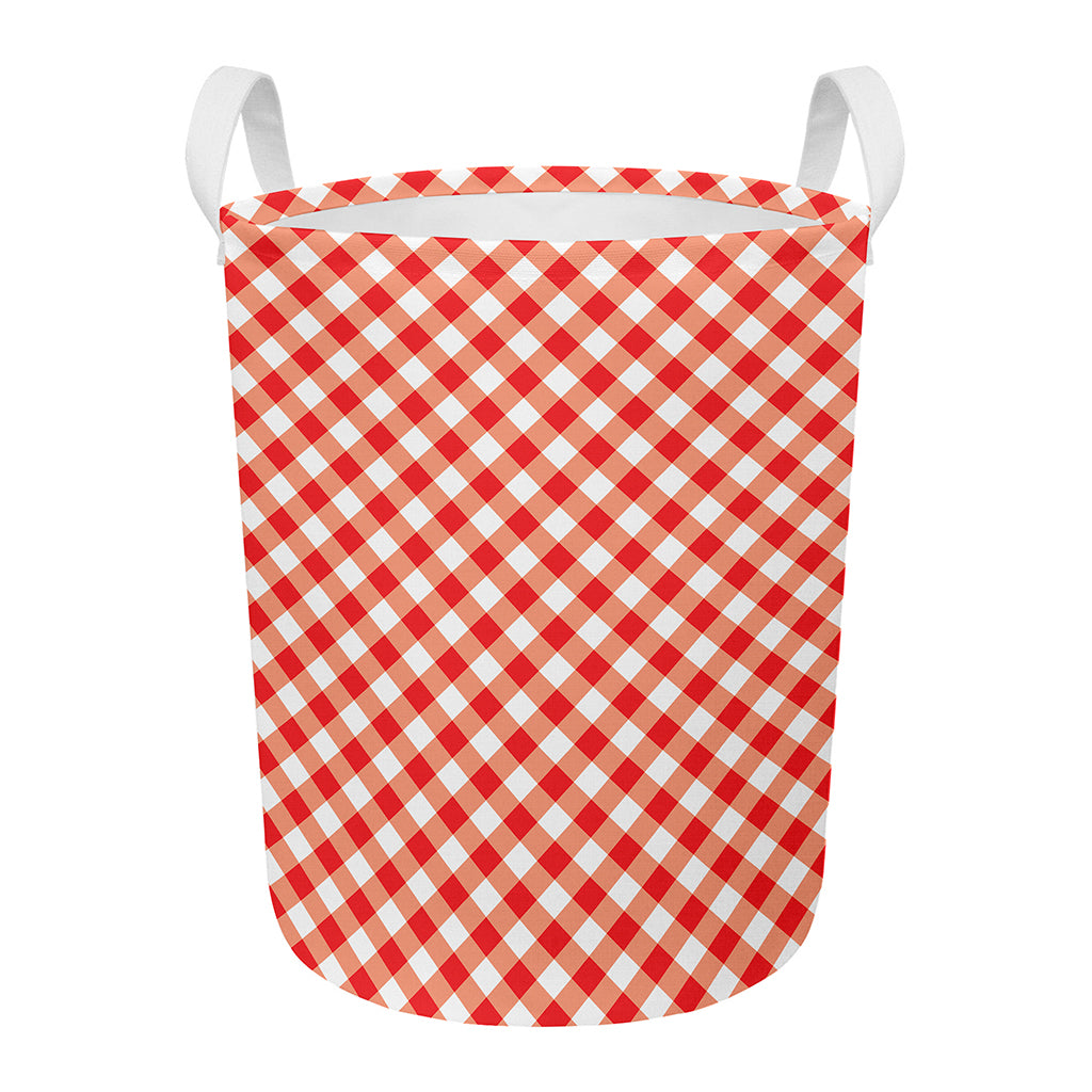 Lava Red And White Gingham Print Round Laundry Basket