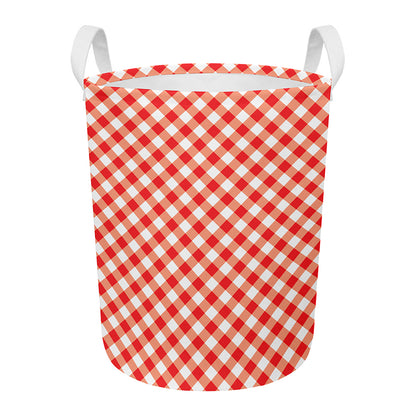 Lava Red And White Gingham Print Round Laundry Basket