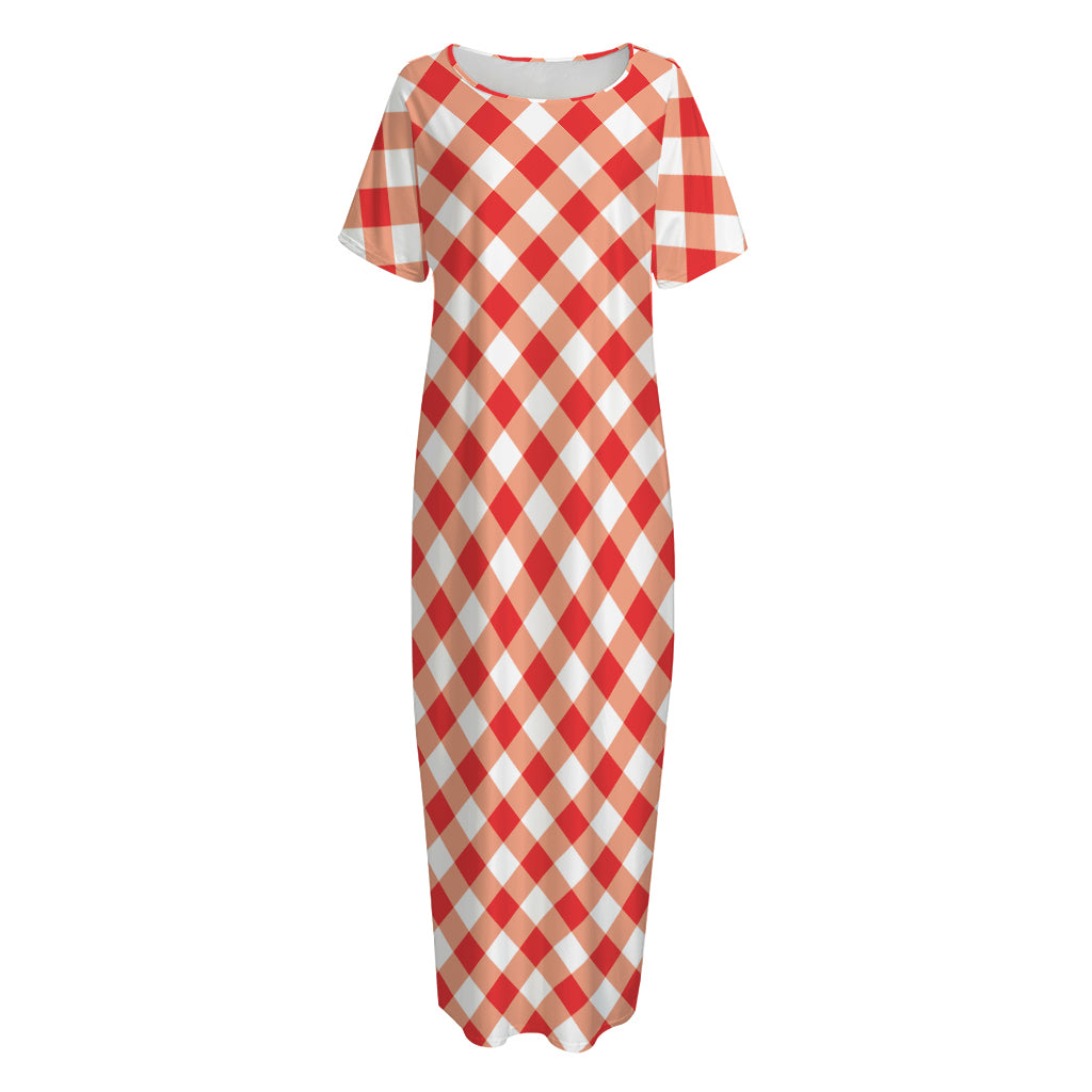 Lava Red And White Gingham Print Short Sleeve Long Nightdress