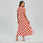 Lava Red And White Gingham Print Short Sleeve Maxi Dress